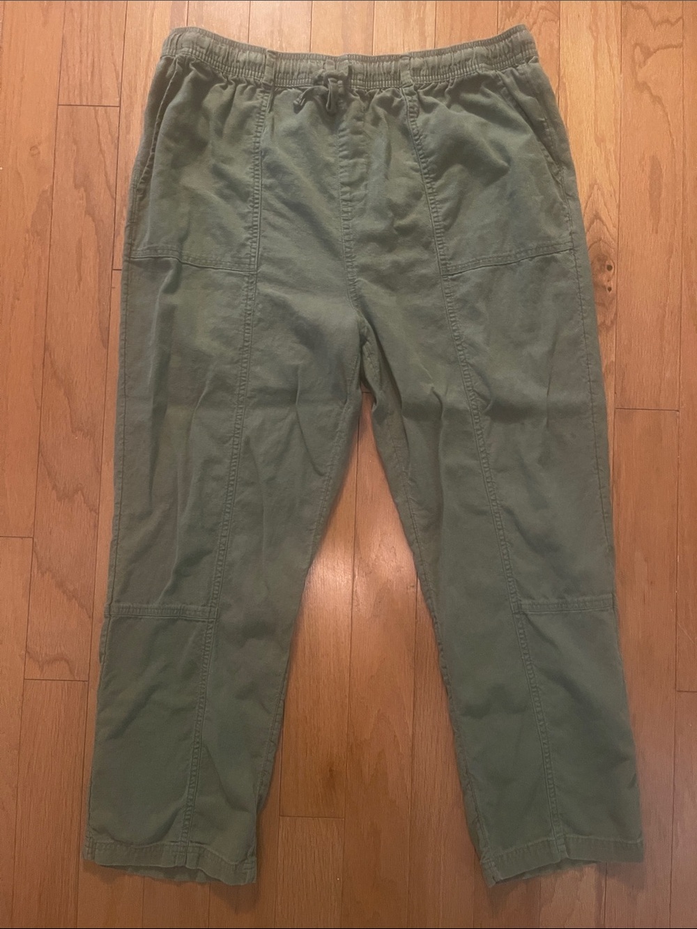 Linen Blend Olive Green Drawstring Casual Pants